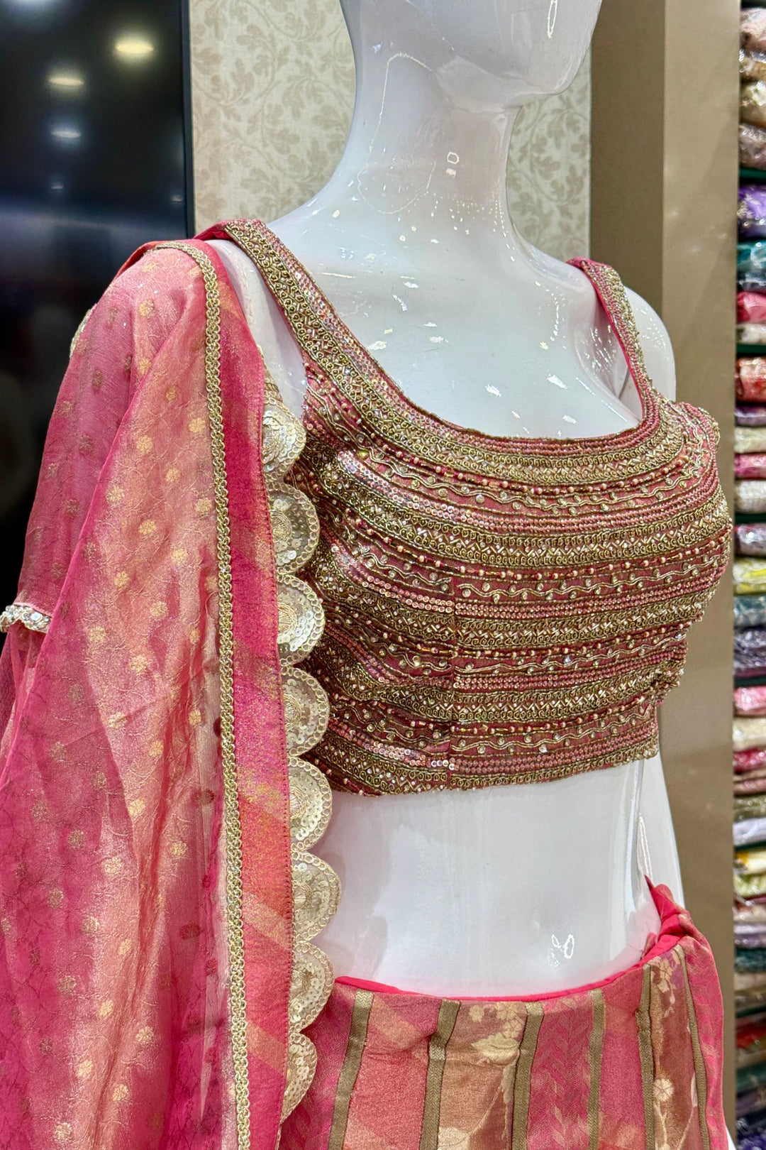 Pink Brocade, Beads, Sequins, Zardozi, Zari and Stone work with Multicolor Lehenga Set