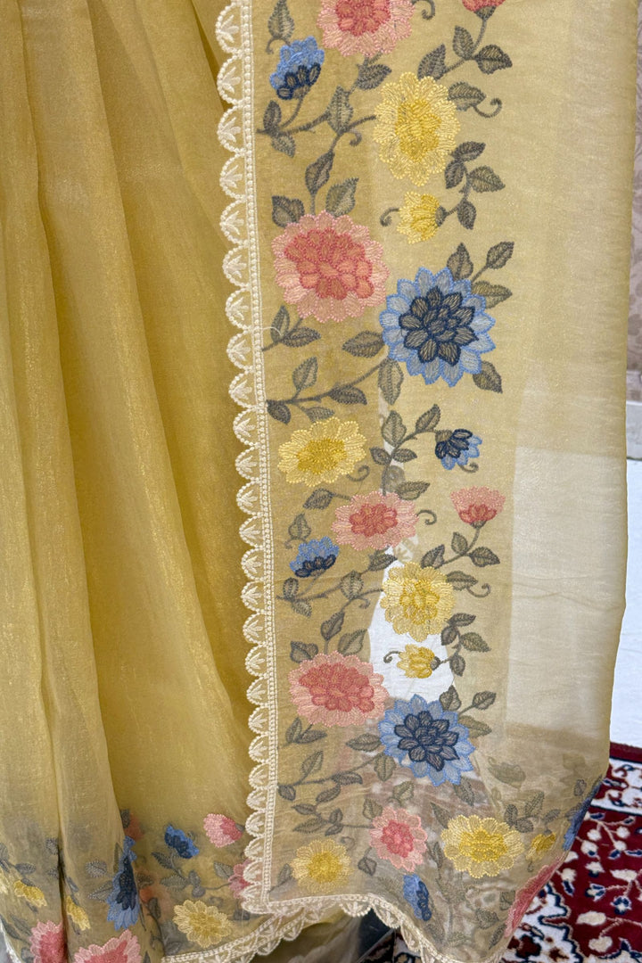 Yellow Multicolor Embroidery work Saree