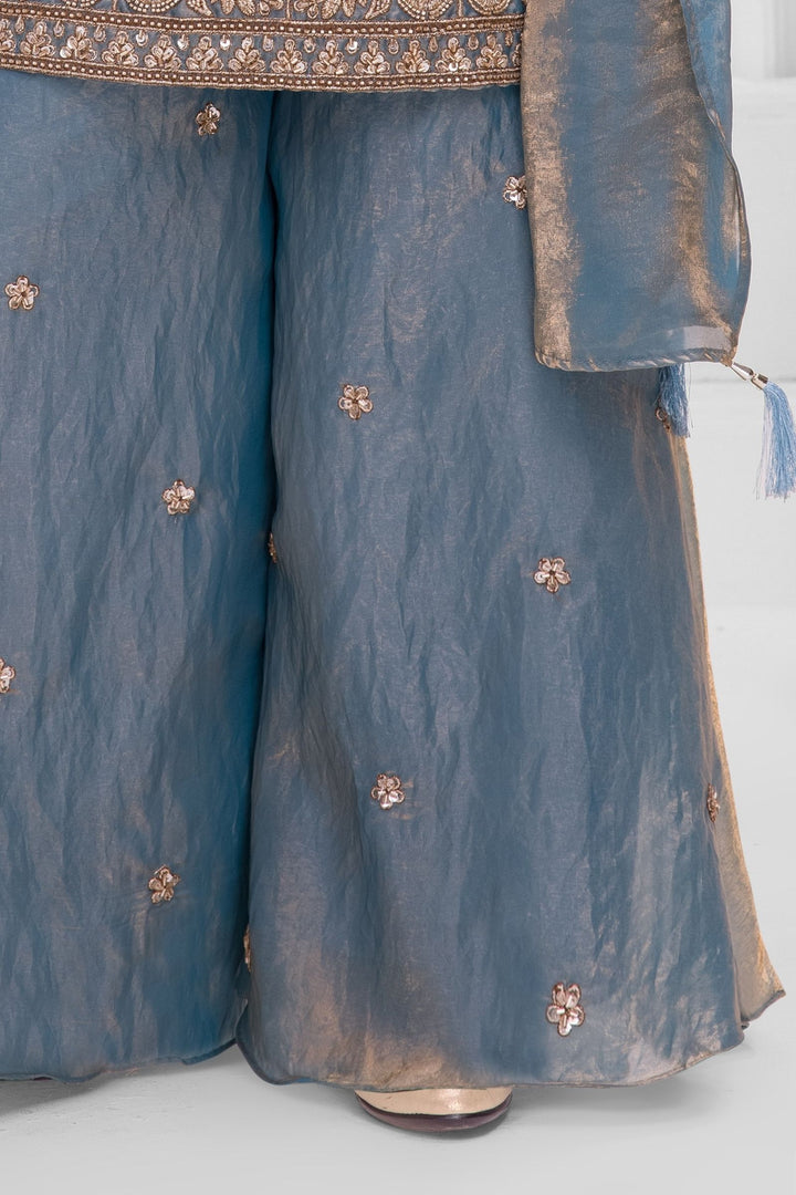 Greyish Blue Beads, Zari and Sequins work Palazzo Suit Set for Girls