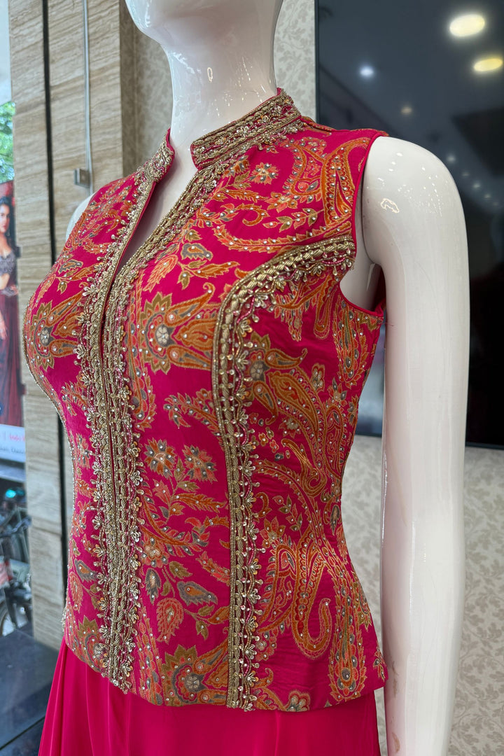 Rani Pink Palazzo Salwar Suit with Brocade, Beads, Stone and Zardozi Detailing