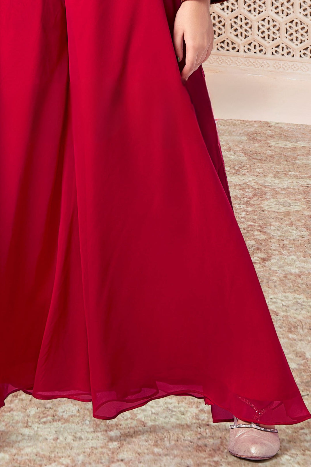 Red Sequins, Zari and Jacquard work with Bandini Print Jacket Styled Palazzo Set for Girls