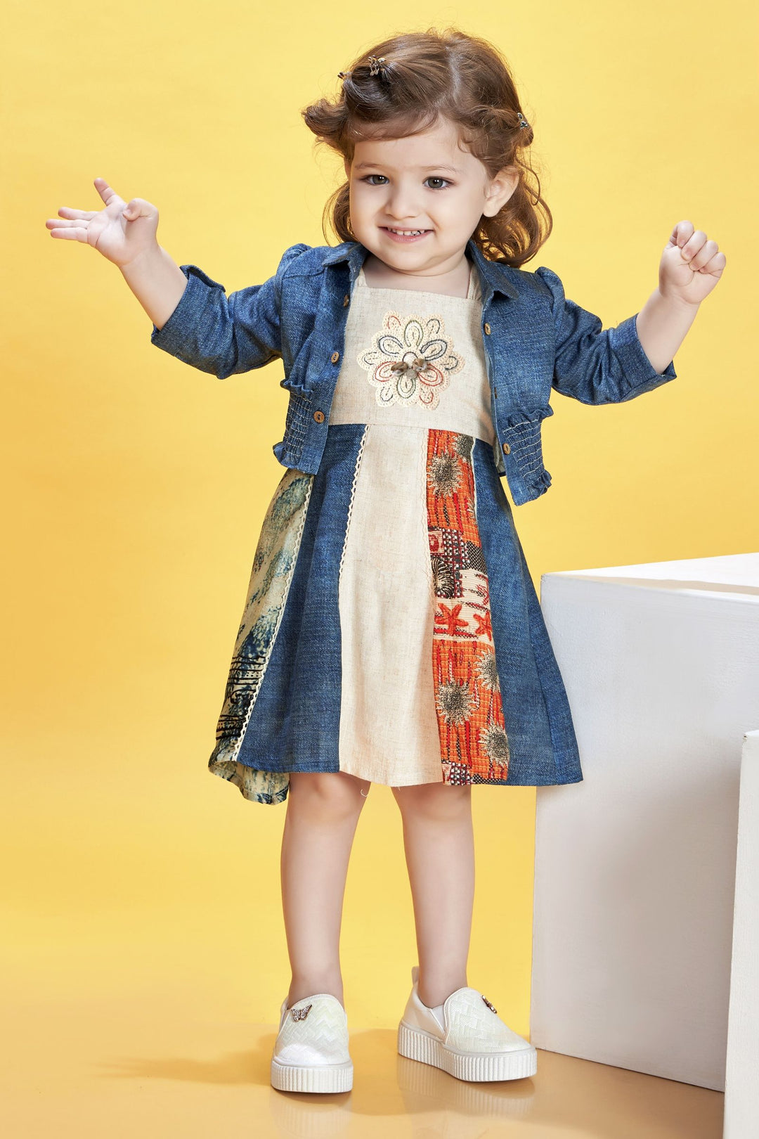Cream with Blue Thread work with Digital Print Jacket Styled Short Frock For Girls