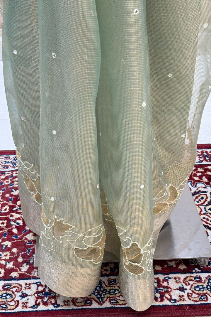 Pista Green Pearl and Thread work Saree