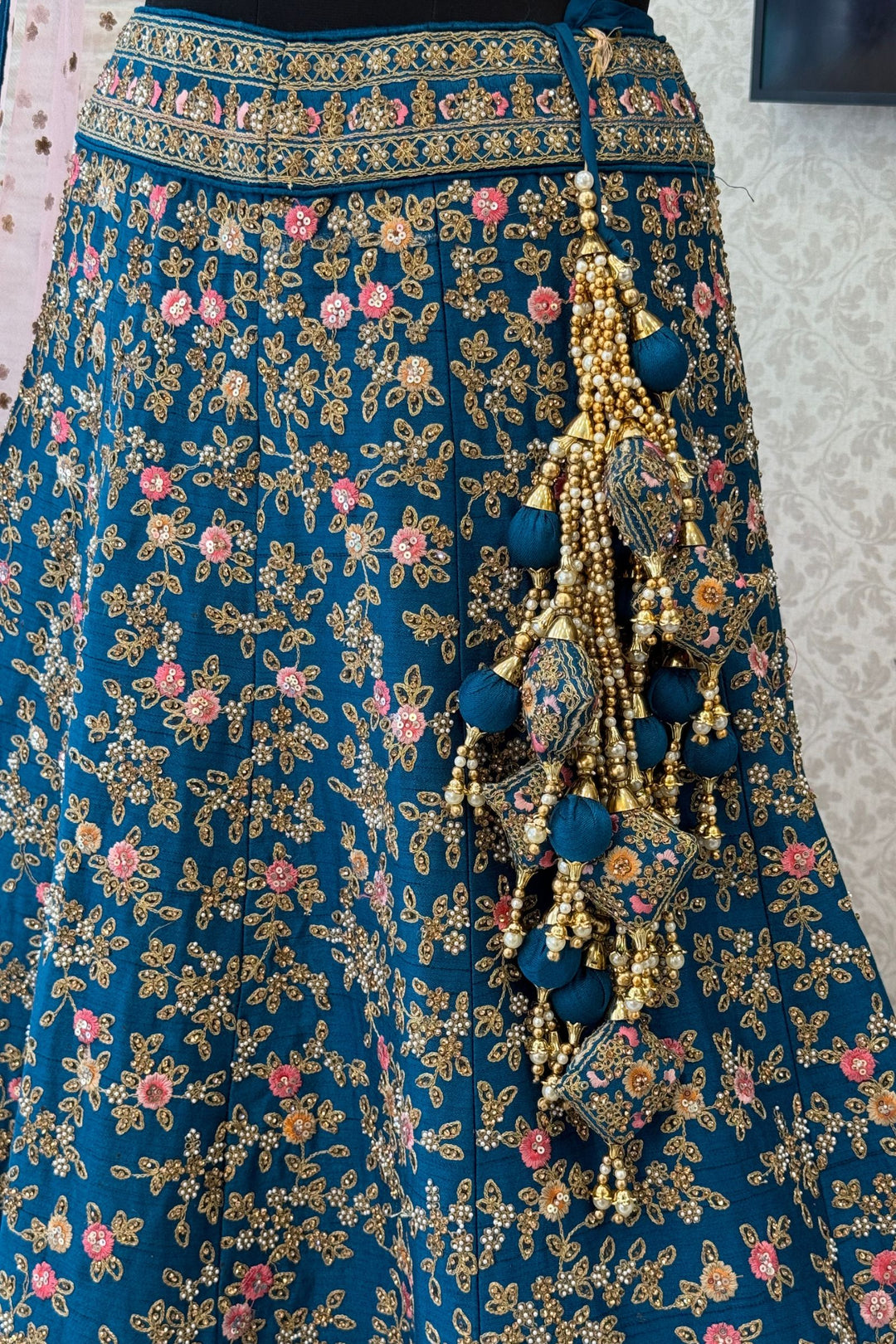 Rama Blue Bridal Lehenga with Pink Dupatta and Stone, Pearl and Zari work work