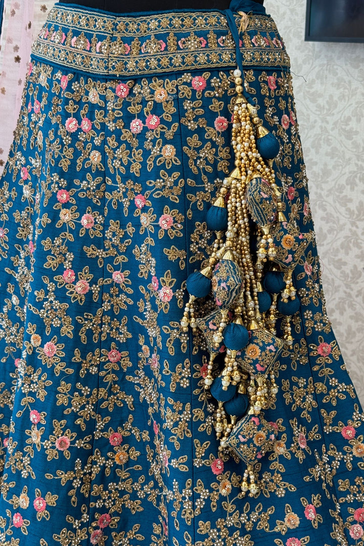 Rama Blue Bridal Lehenga with Pink Dupatta and Stone, Pearl and Zari work work