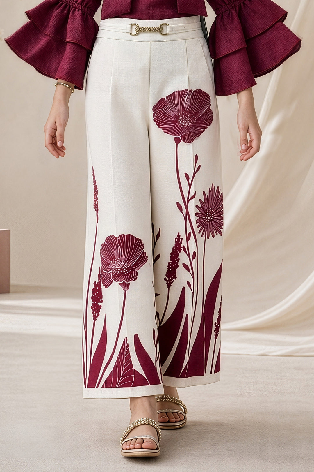 Magenta with Cream Top and Floral Print Palazzo Set for Girls