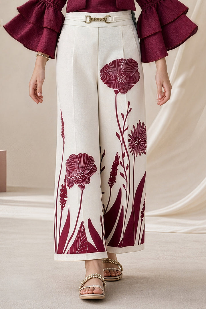 Magenta with Cream Top and Floral Print Palazzo Set for Girls