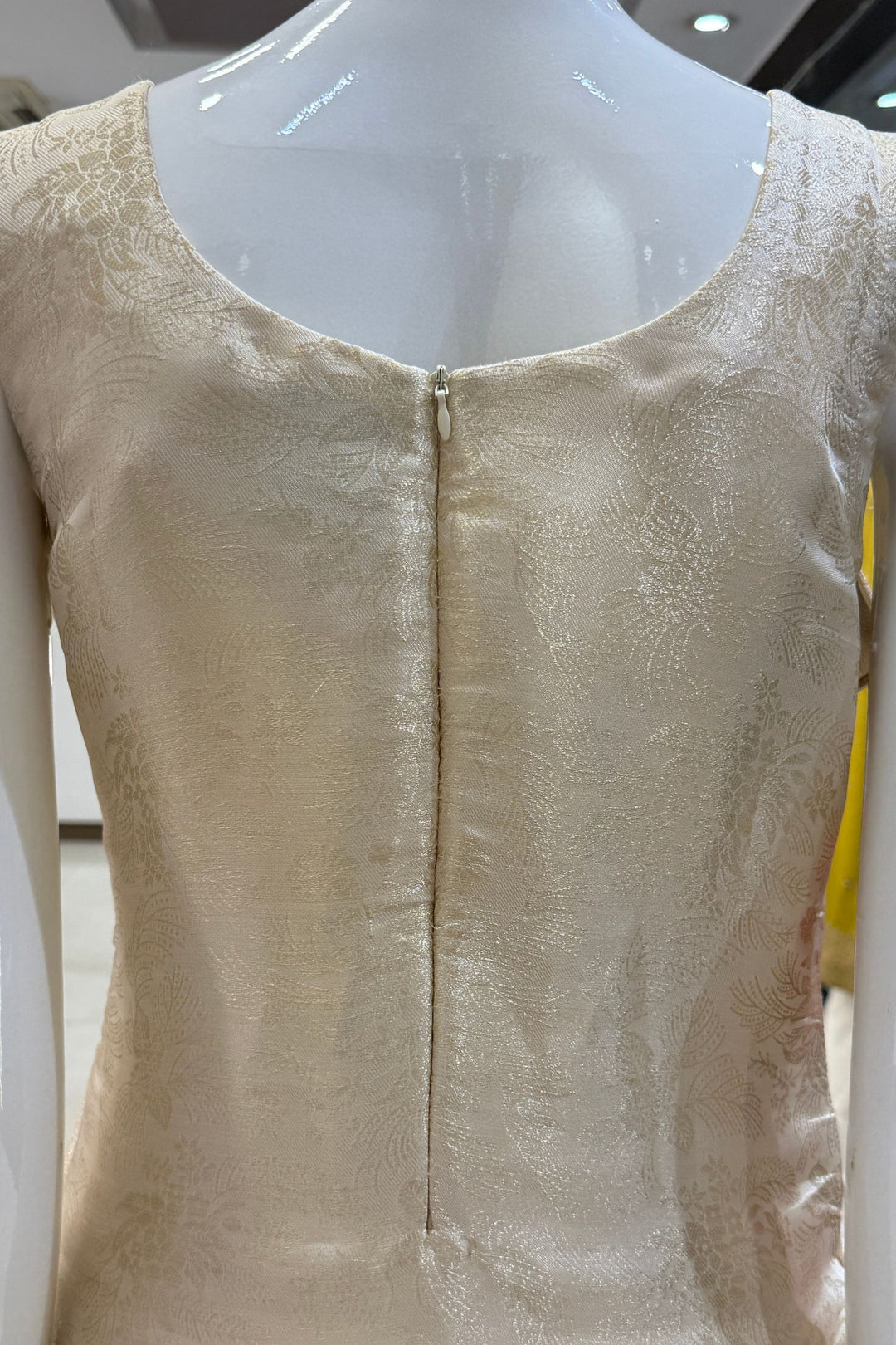 Cream Brocade, Beads, Sequins, Zardozi and Mirror work Straight Cut Salwar Suit