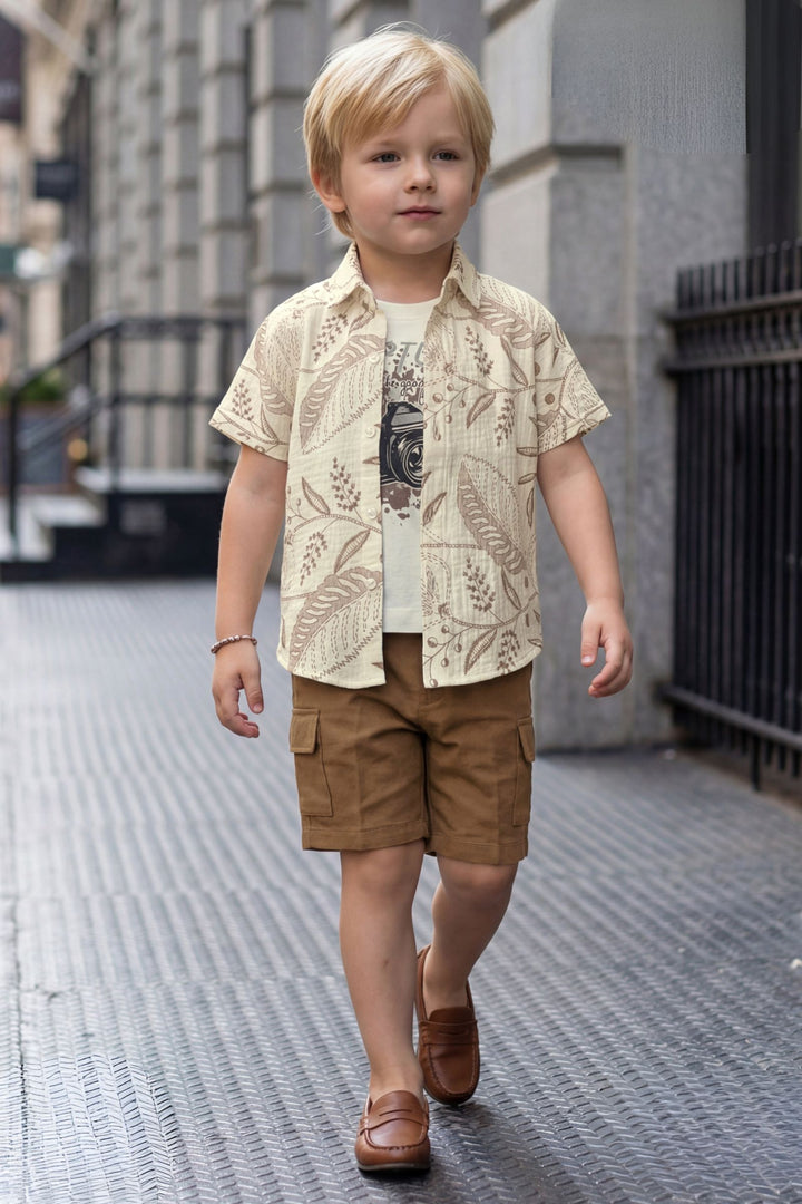 Cream with Brown Digital Print Co-Ord Set for Boys