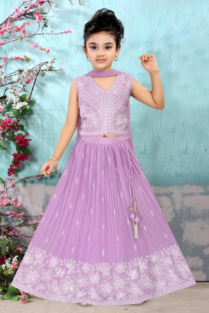 Lavender Thread, Sequins and Beads work Lehenga Choli for Girls