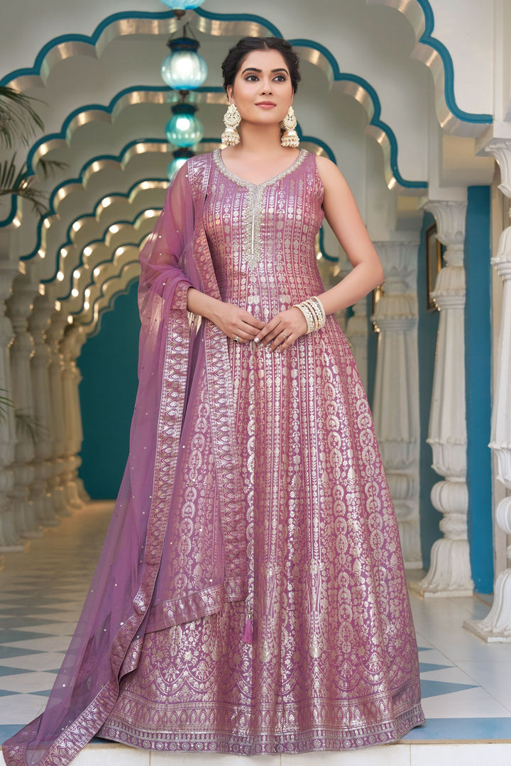 Onion Banaras, Zardozi and Beads work Floor Length Anarkali Suit