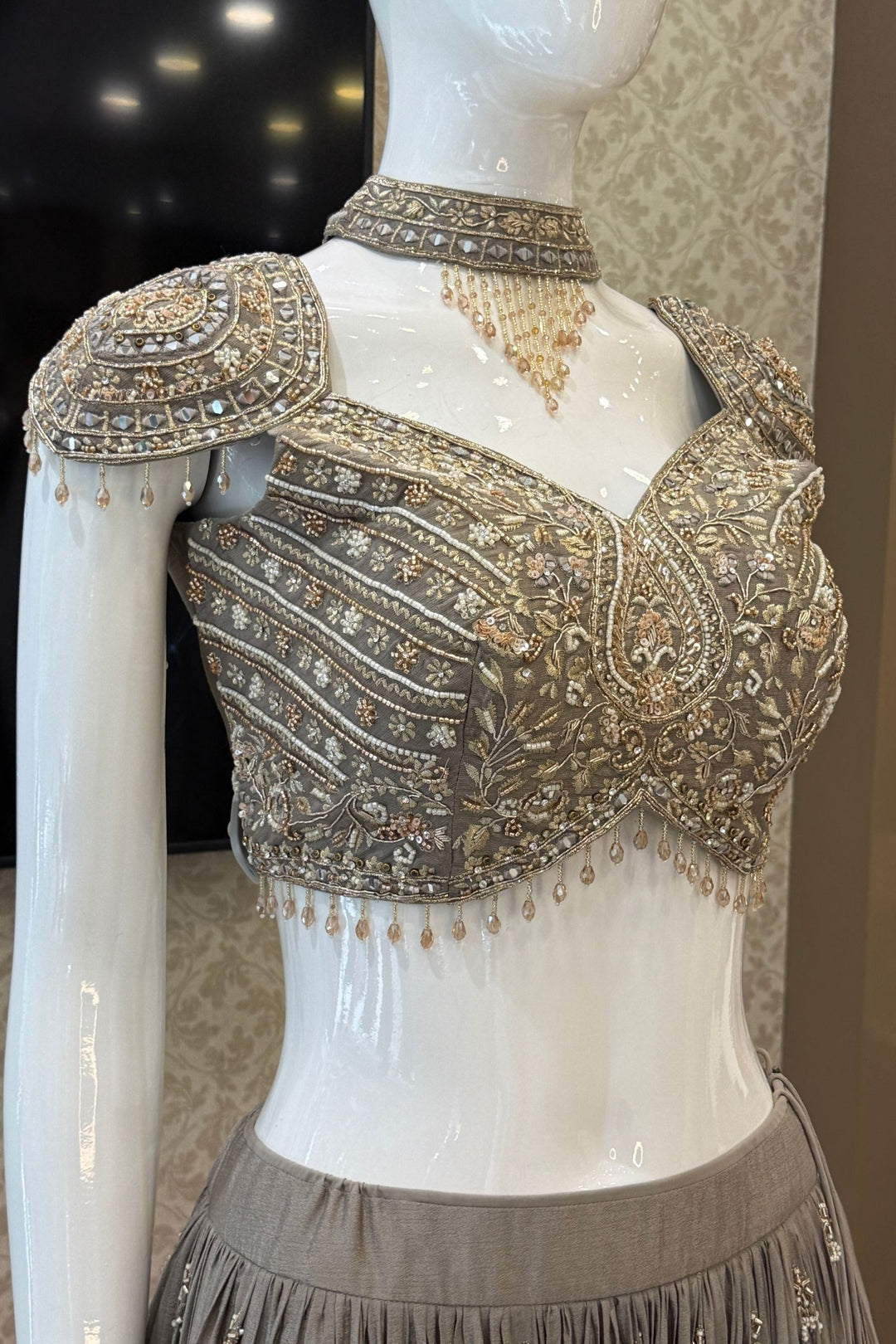 Designer Grey Lehenga with Intricate Beads, Zardozi, Mirror, Kundan and Sequins work