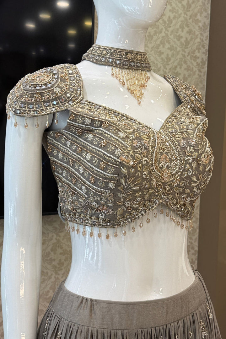 Designer Grey Lehenga with Intricate Beads, Zardozi, Mirror, Kundan and Sequins work