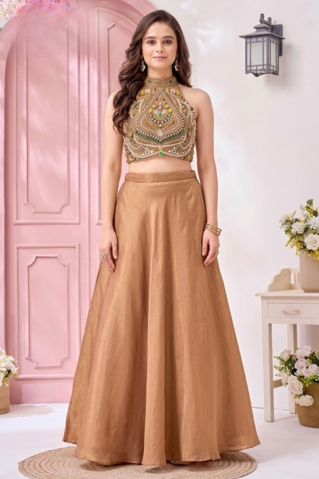 Gold Stone, Beads, Zardozi, Sequins and Pearl work Halter Neck Palazzo Suit Set for Girls