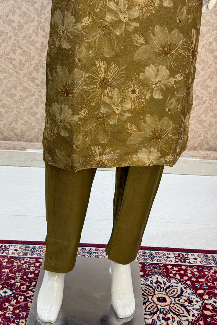 Olive Green Mirror, Zardozi and Banaras work with Floral Print Straight Cut Salwar Suit
