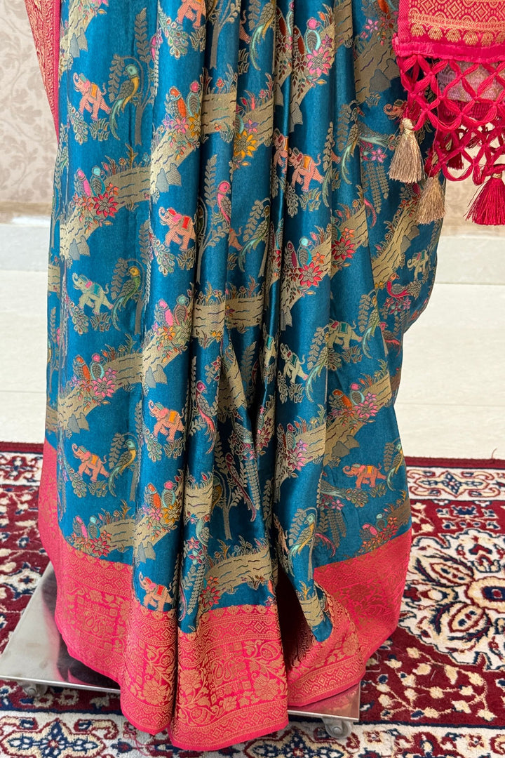 Rama Blue Saree Featuring Heritage Wildlife and Floral Banaras