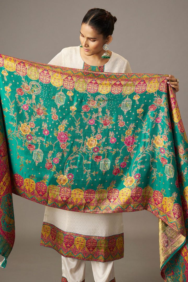 Half White Multicolor Banaras, Sequins and Beads work Straight Cut Salwar Suit