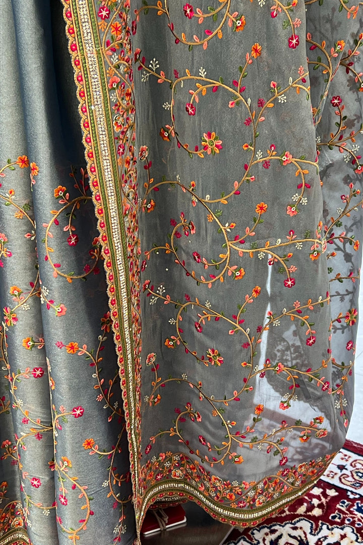 Grey Multicolor Embroidery, Sequins and Stone work Saree