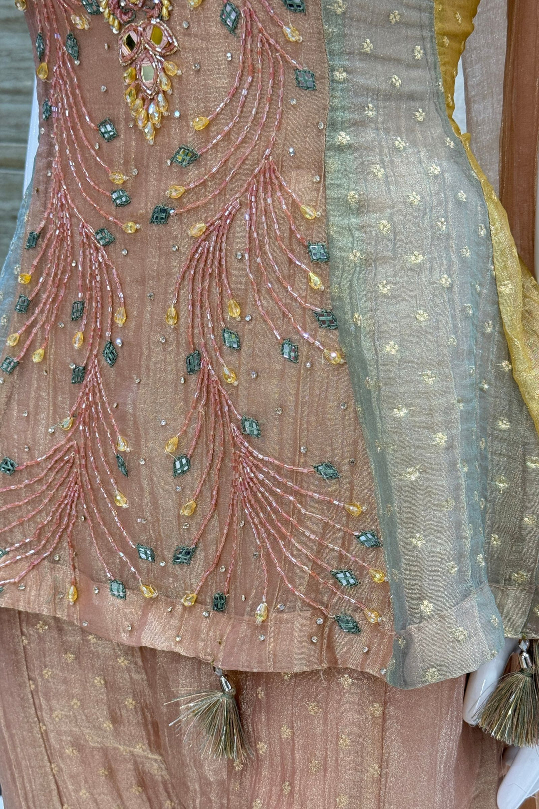 Multicolor Palazzo Set with Zari, Beads, Mirror, Stone and Zardozi work Peplum Top