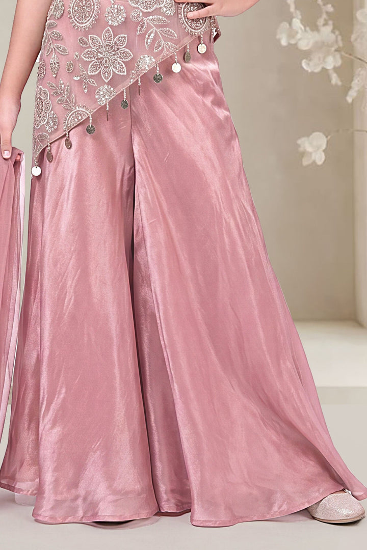 Onion Pink Zari, Beads and Sequins work Palazzo Suit Set for Girls