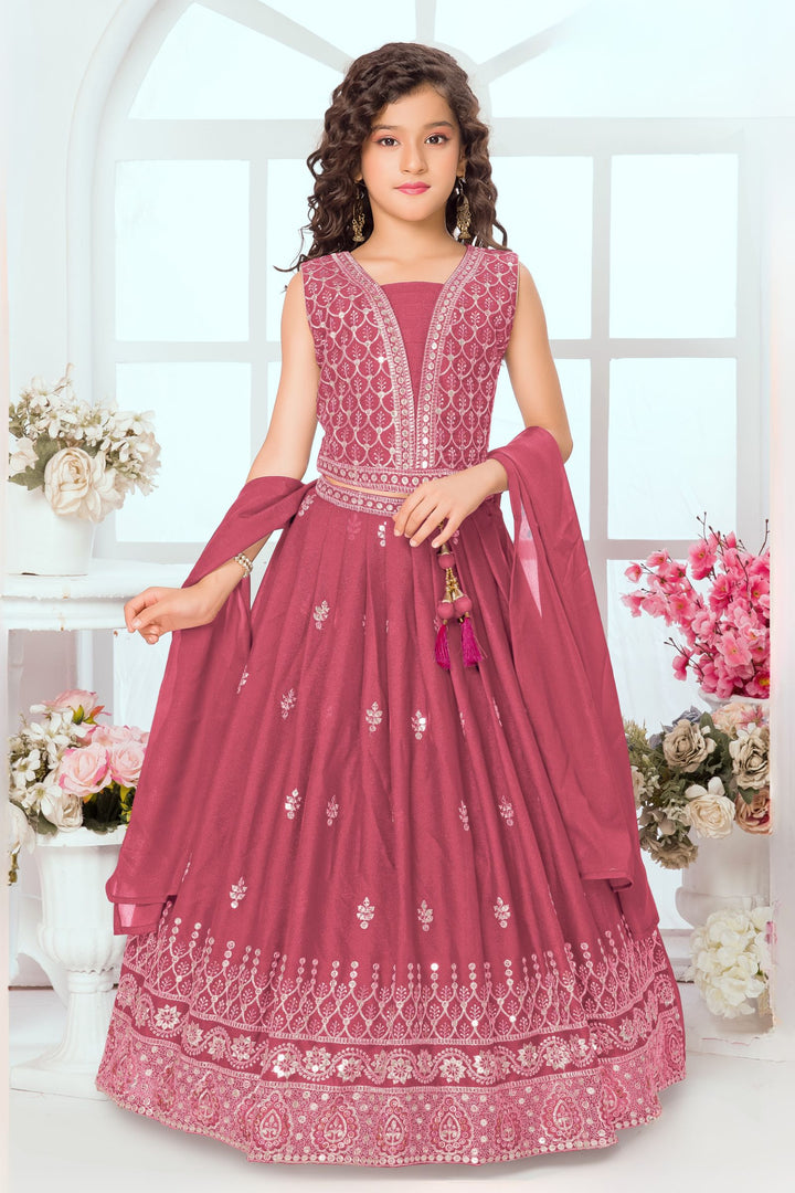 Gajri Pink Zari, Sequins and Multicolor Thread work Lehenga Choli for Girls
