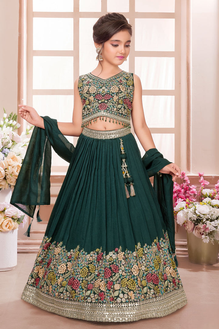 Bottle Green Multicolor Embroidery, Stone, Sequins and Beads work Lehenga Choli for Girls