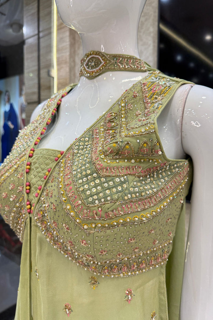 Pista Green Palazzo Salwar Suit with Beads, Sequins, Stone, Thread and Zardozi Detailing
