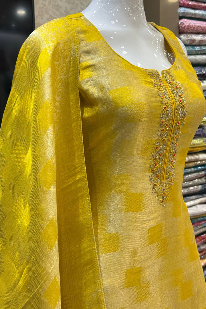 Yellow Banaras, Stone, Thread, Zardozi and Sequins work Straight Cut Salwar Suit