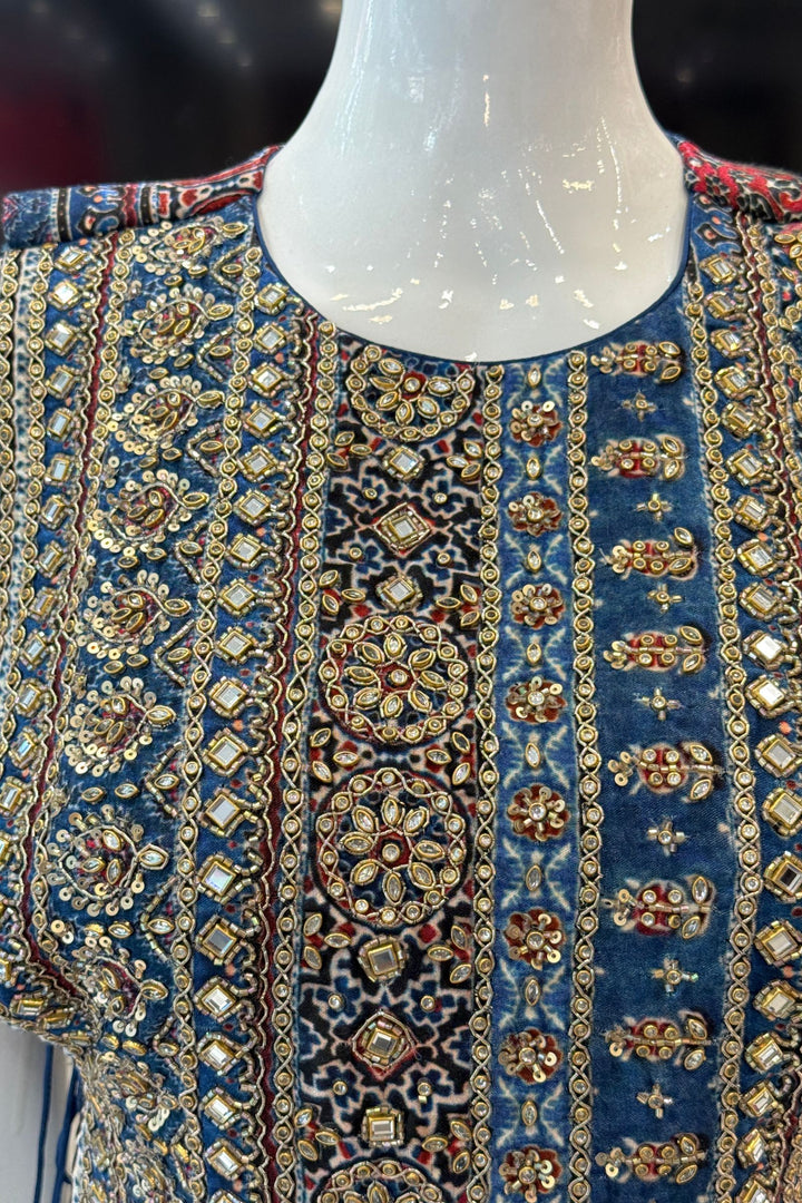 Indigo Blue Indo-Western Styled Ajrak Print, Kundan, Zardozi and Beads work Palazzo Set
