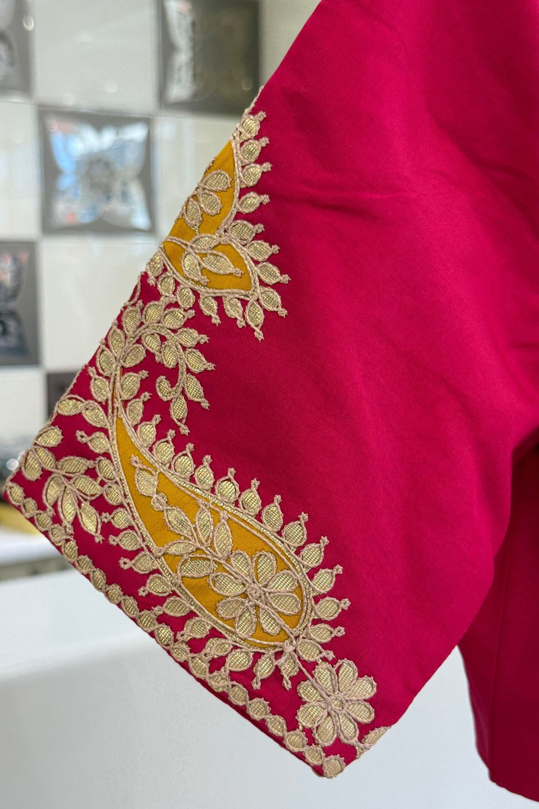 Yellow Zari work Saree with Gotapatti work Readymade Blouse