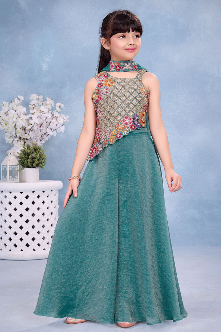 Green Multicolor Embroidery, Sequins, Zari and Beads work Palazzo Suit Set for Girls
