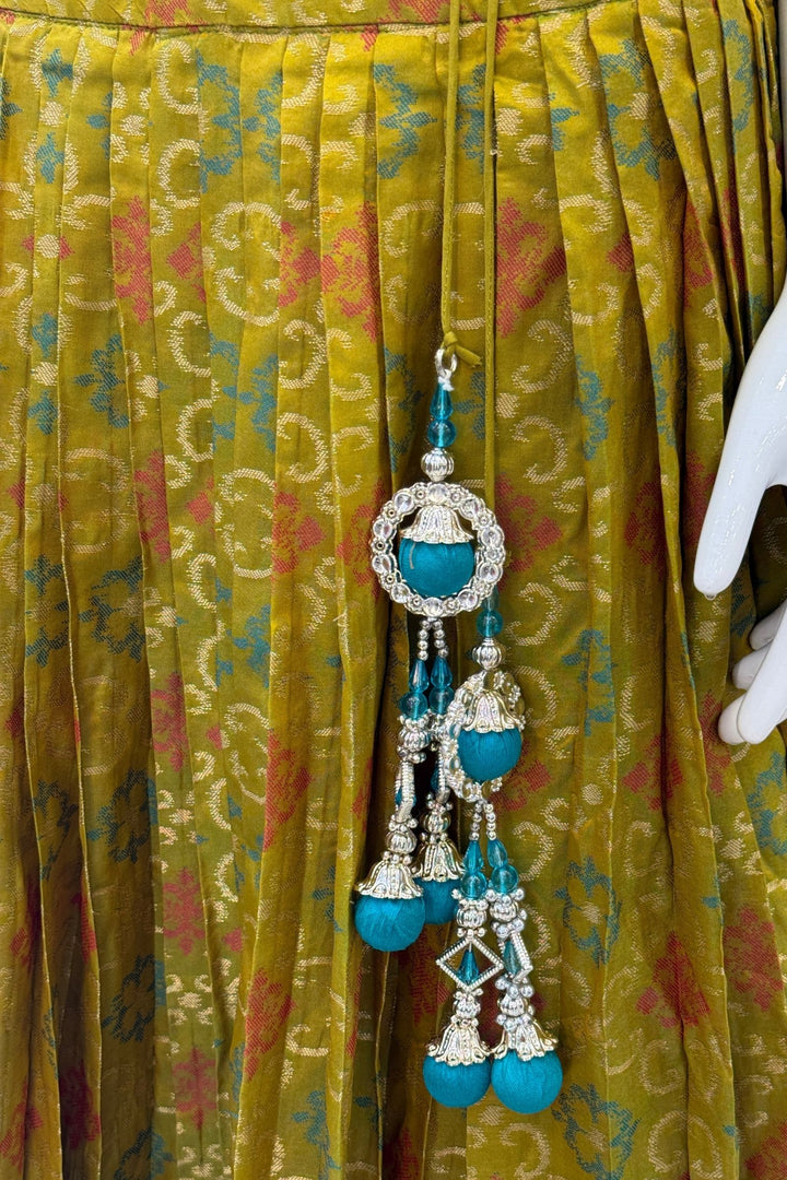 Rama Blue with Olive Green Mirror, Stone, Beads and Banaras work Lehenga