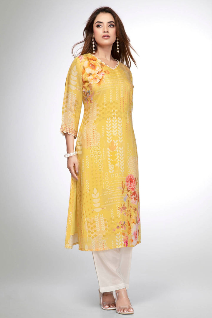 Yellow Digital Print Calf Length Kurti