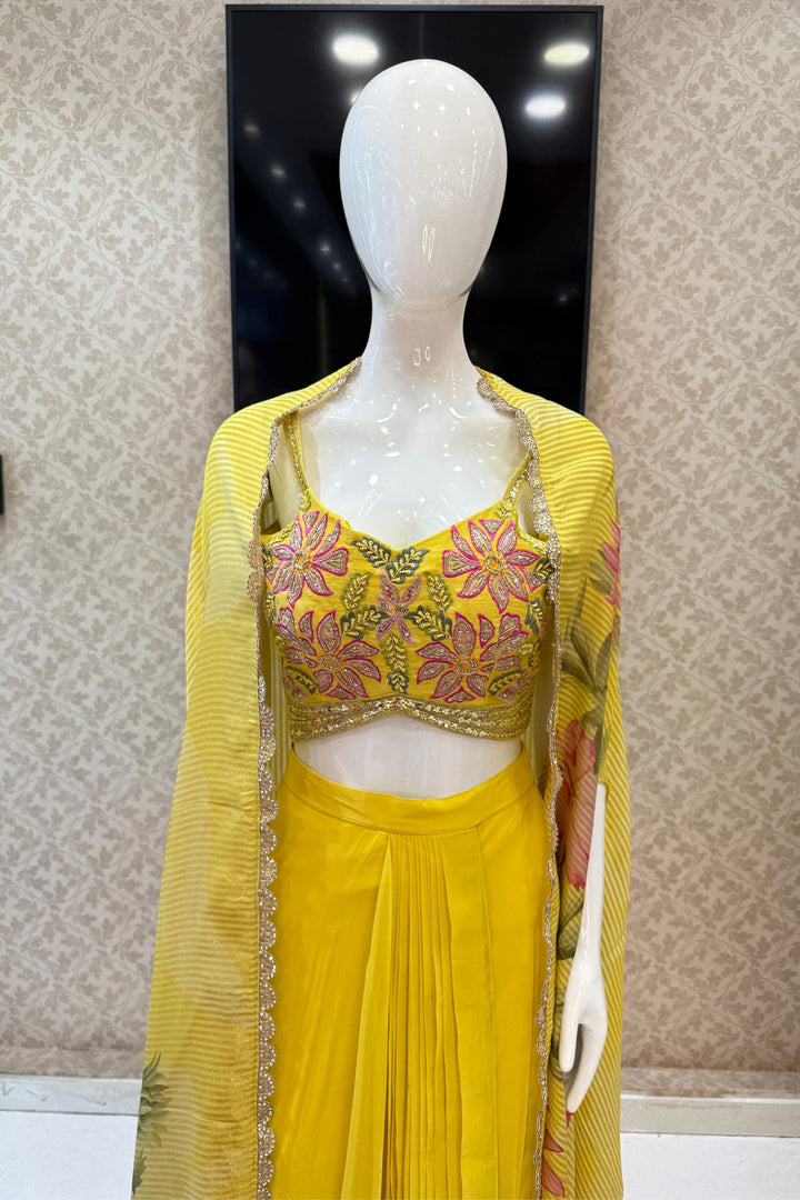 Lemon Yellow Multicolor Embroidery work with Digital Print Cape, Crop Top and Cowl Skirt