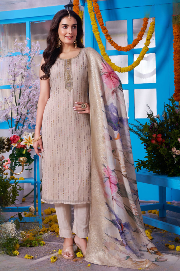 Beige Sequins, Beads and Zardozi work Straight Cut Salwar Suit
