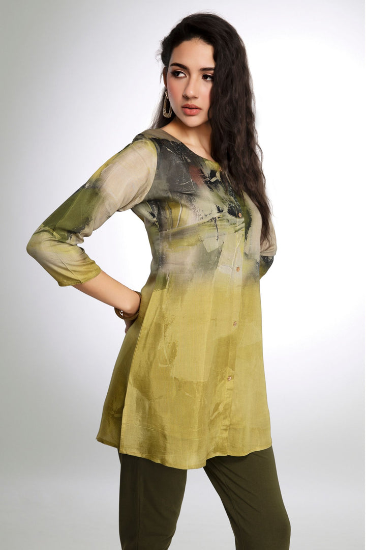 Olive Green Digital Print Short Kurti