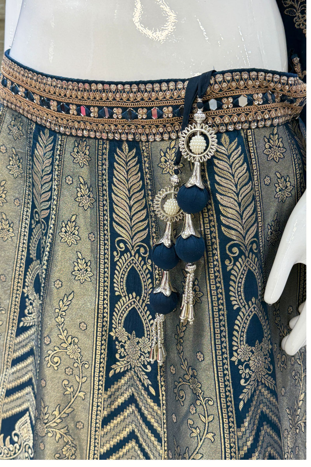 Peacock Blue Mirror, Beads, Zari, Sequins and Banaras work Crop Top Bridal Lehenga