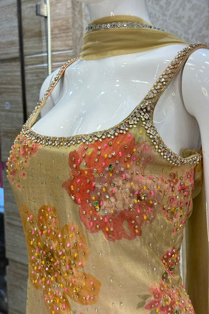 Light Beige Stone, Beads and Kundan work with Floral Print Palazzo Salwar Suit