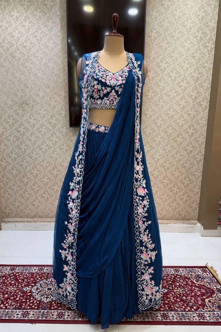 Teal Blue Sequins, Stone and Pearl work Indo-Western Styled Crop Top Lehenga  with Overcoat