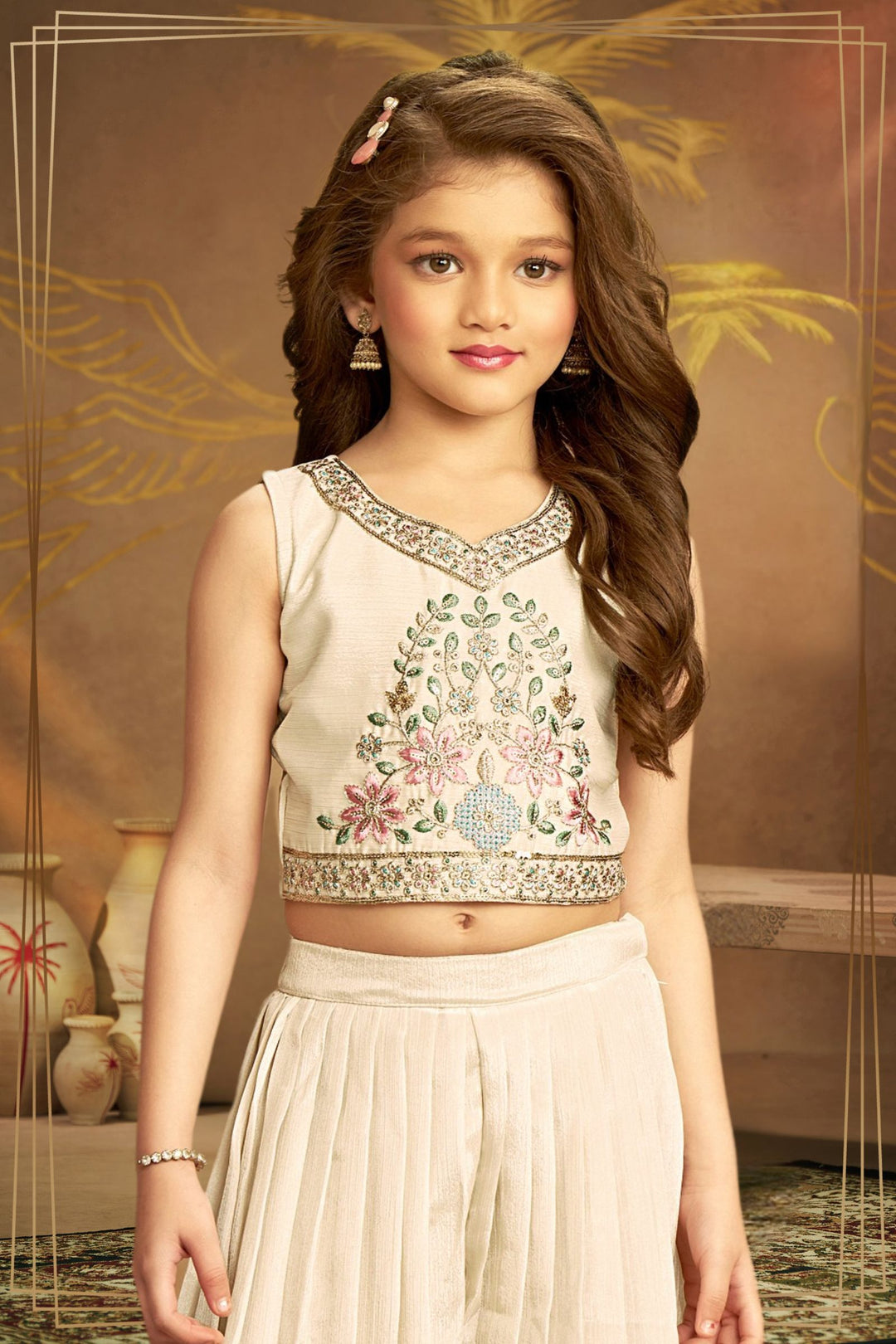 Cream Multicolor Thread, Zari and Sequins work Jacket Styled Palazzo Suit Set for Girls