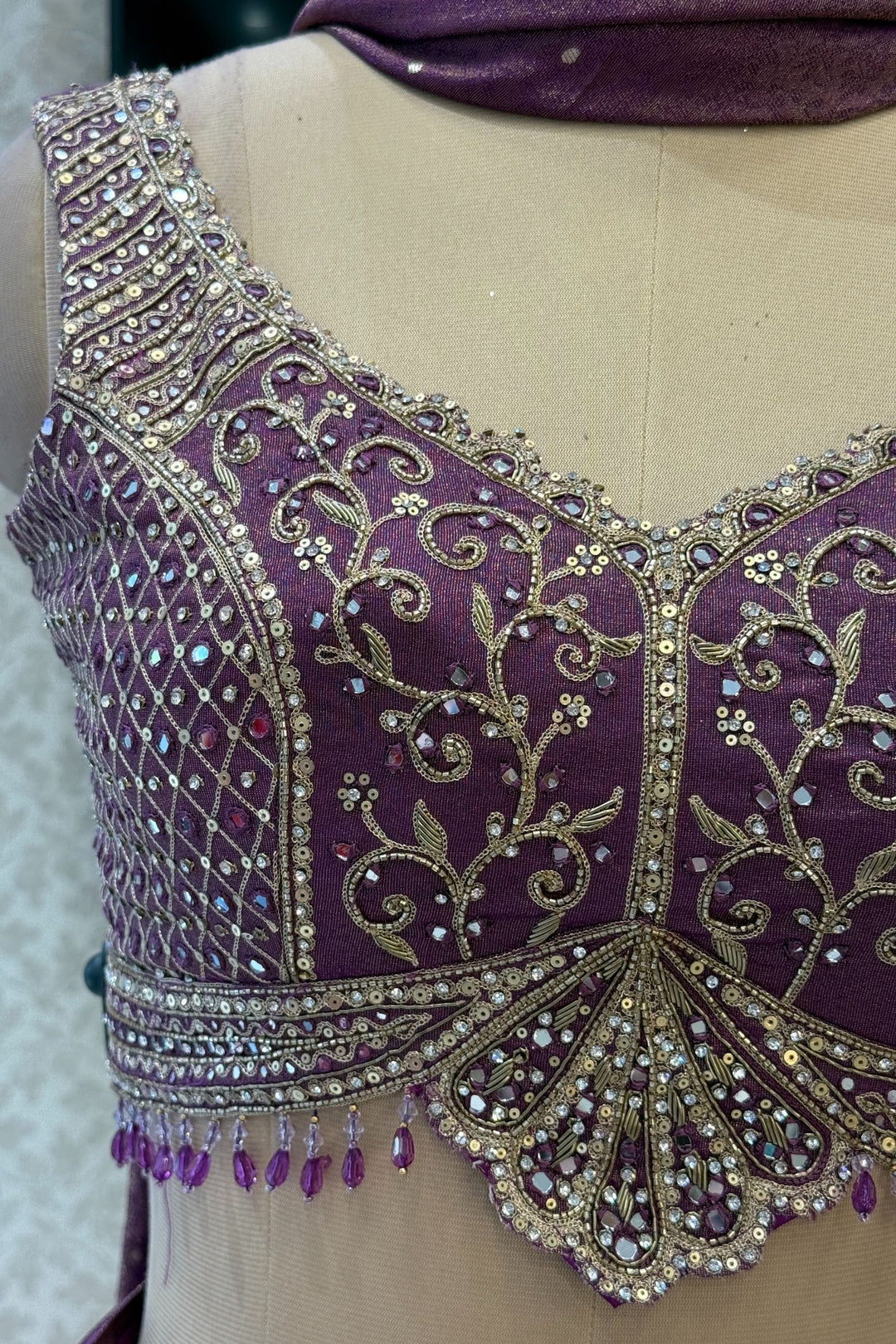 Purple Mirror, Stone, Beads, Zardozi, Zari, Sequins and Banaras work Crop Top Lehenga