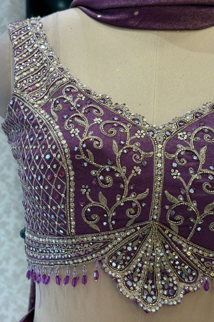 Purple Mirror, Stone, Beads, Zardozi, Zari, Sequins and Banaras work Crop Top Lehenga
