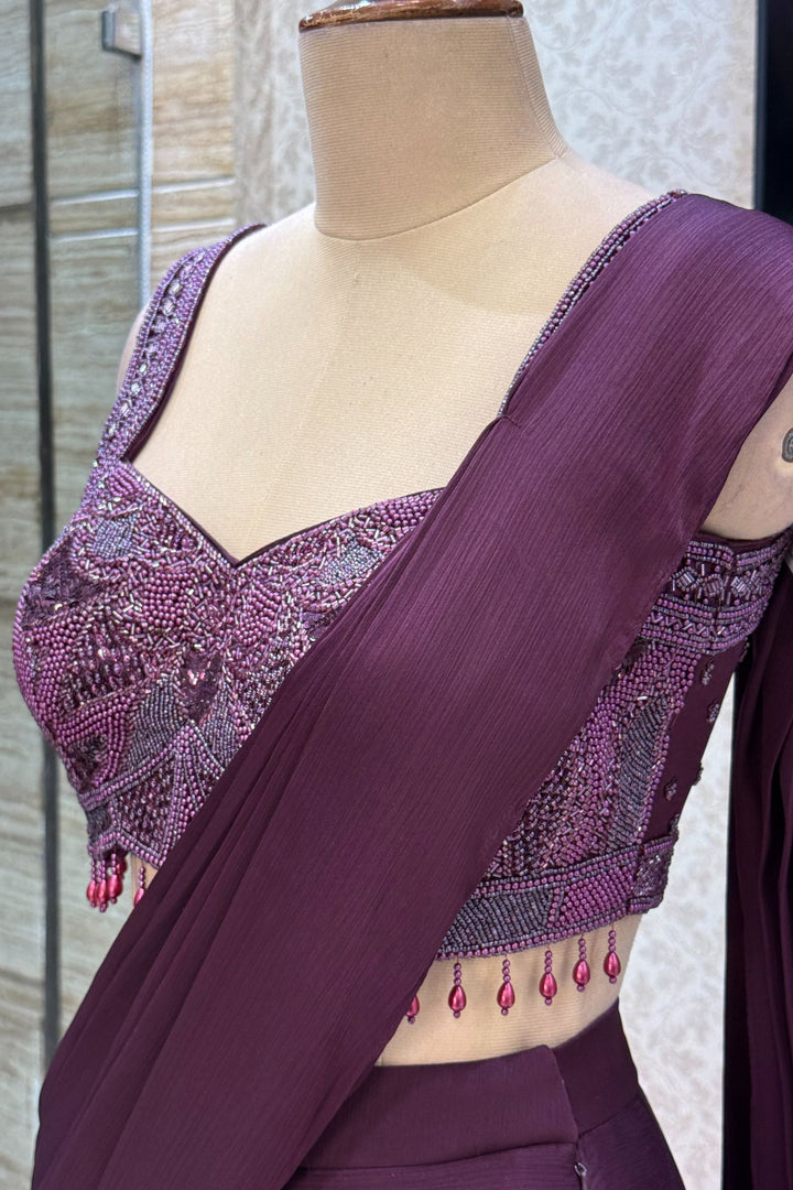 Wine Readymade Saree with Beads, Sequins and Pearl work Readymade Blouse