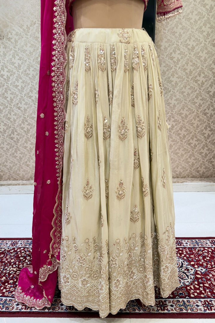 Pink with Cream Beads, Sequins, Stone, Mirror, Zari and Banaras work Crop Top Lehenga