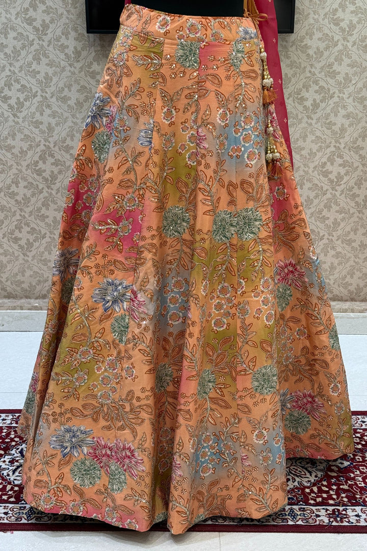 Peach Mirror, Beads, Zari and Sequins work with Floral Print Crop Top Lehenga