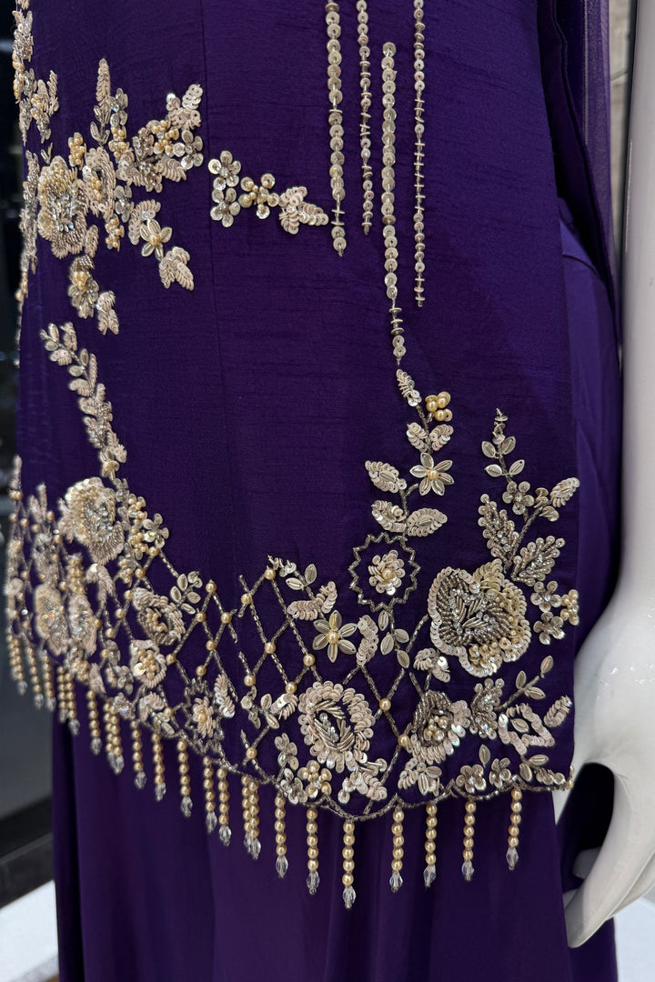 Purple Zardozi, Stone, Beads, Sequins and Pearl work Palazzo Salwar Suit