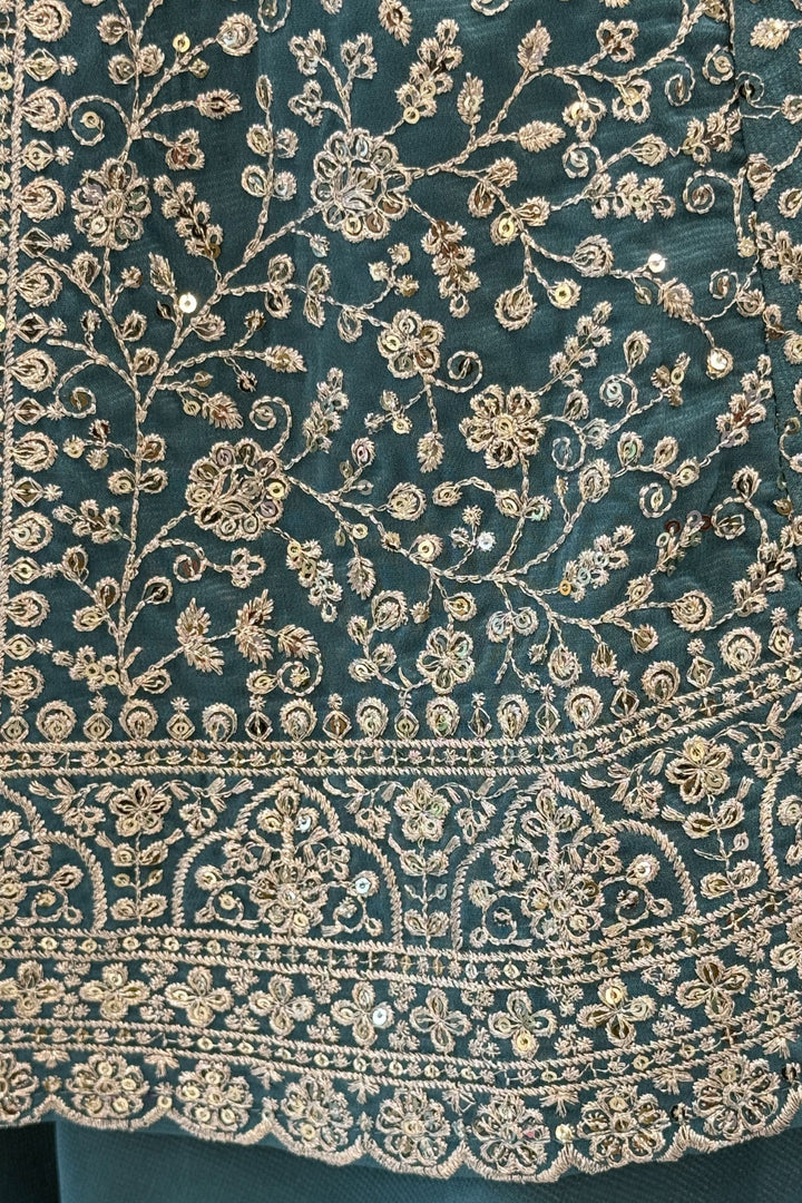 Sea Green Sequins and Zari work Peplum Top with Palazzo Suit Set