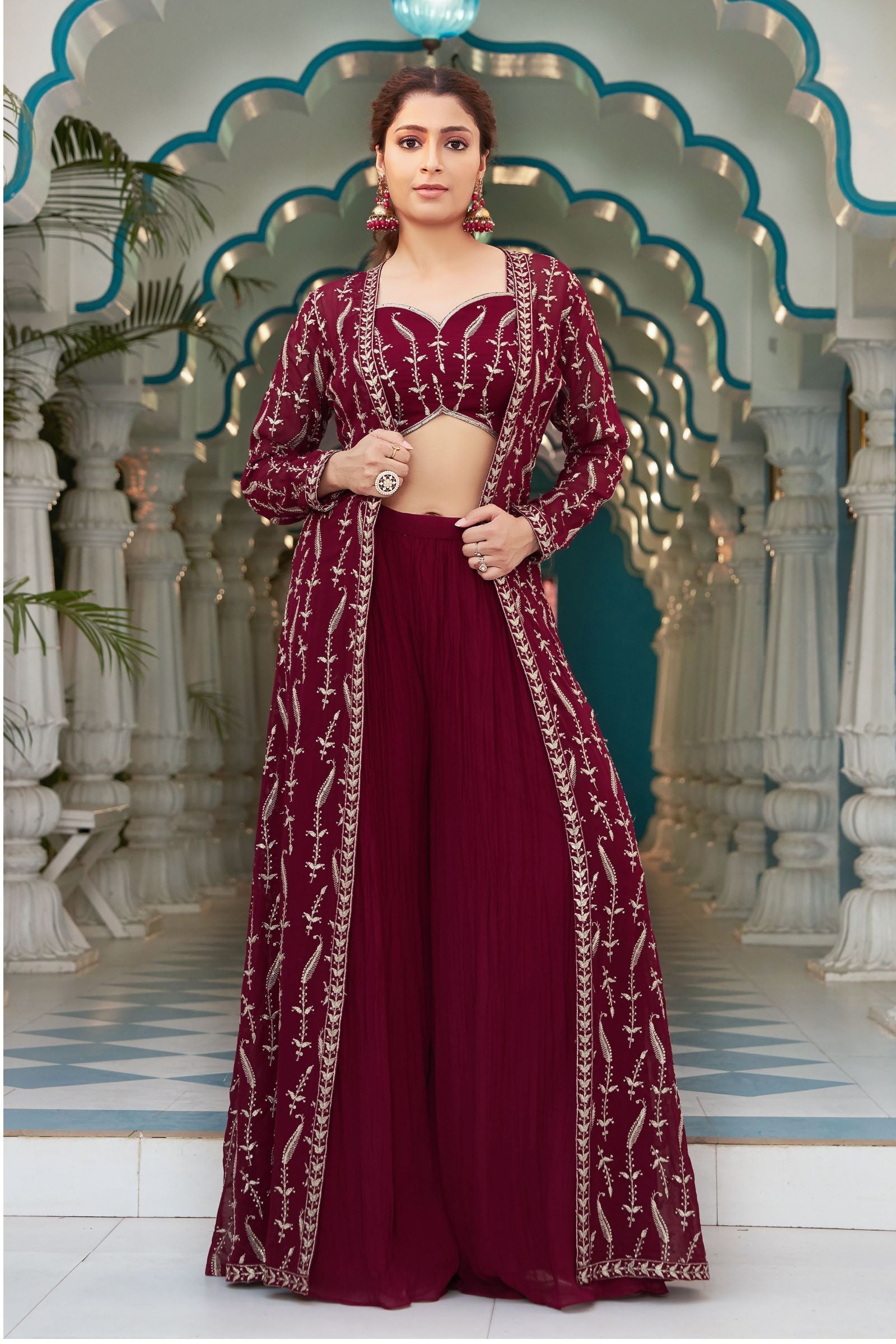 Maroon Sequins and Zari work Crop Top with Long Over Coat Palazzo Set Seasons Chennai