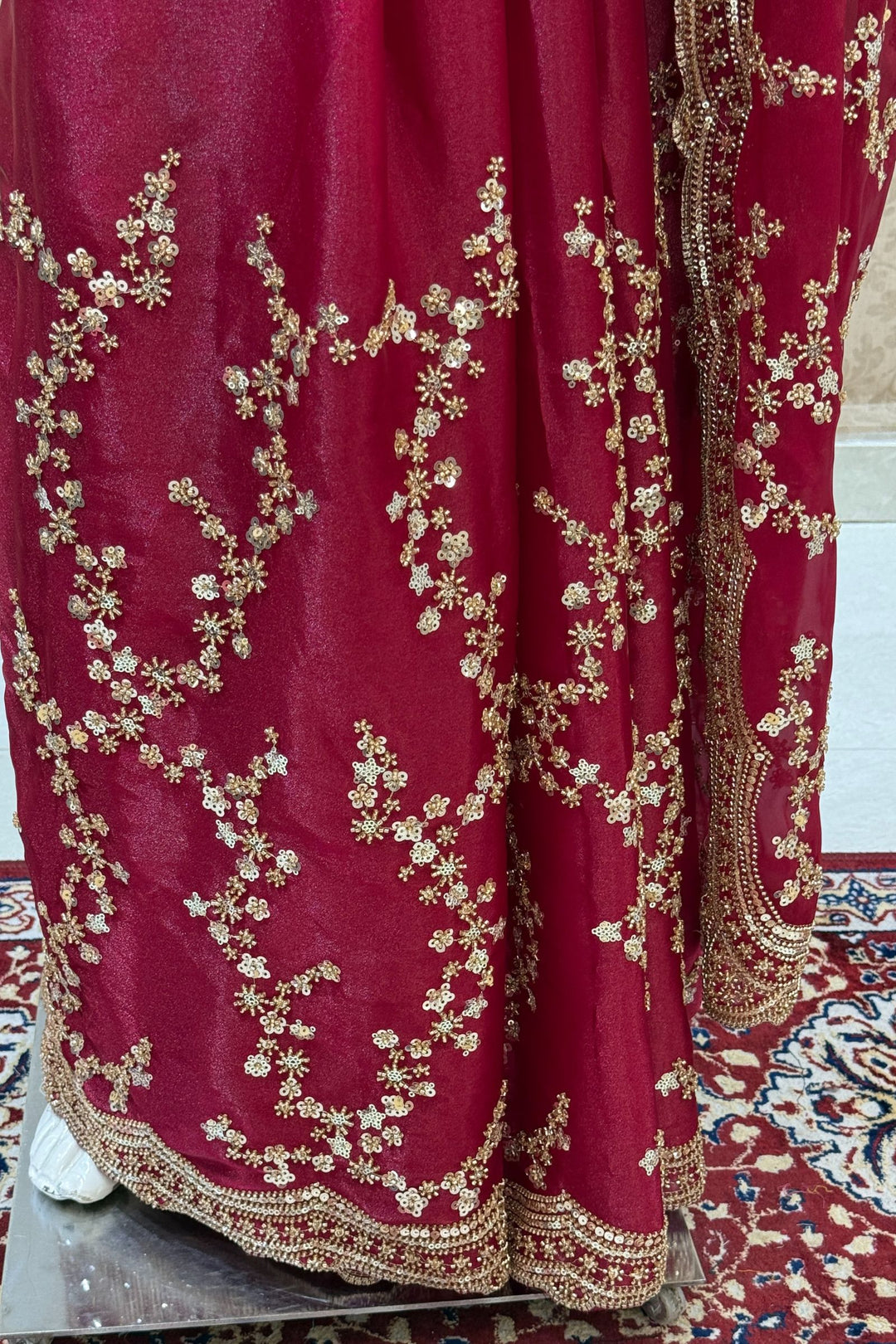 Magenta Beads, Zari and Sequins work Saree
