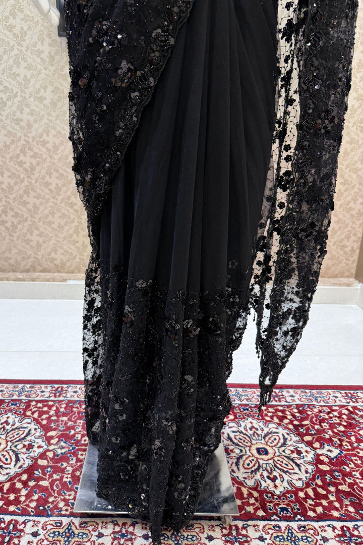 Black Beads and Sequins work Saree with Designer Blouse
